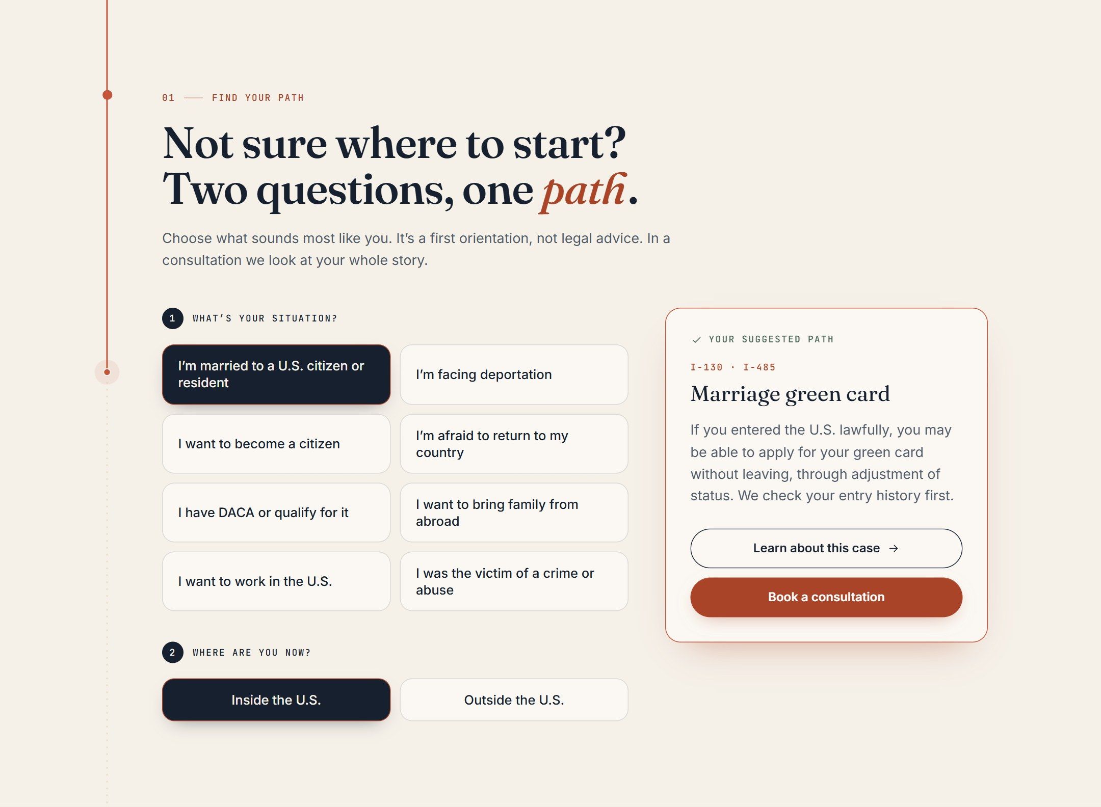 Case finder with 'I'm married to a U.S. citizen or resident' and 'Inside the U.S.' selected, suggesting the marriage green card path