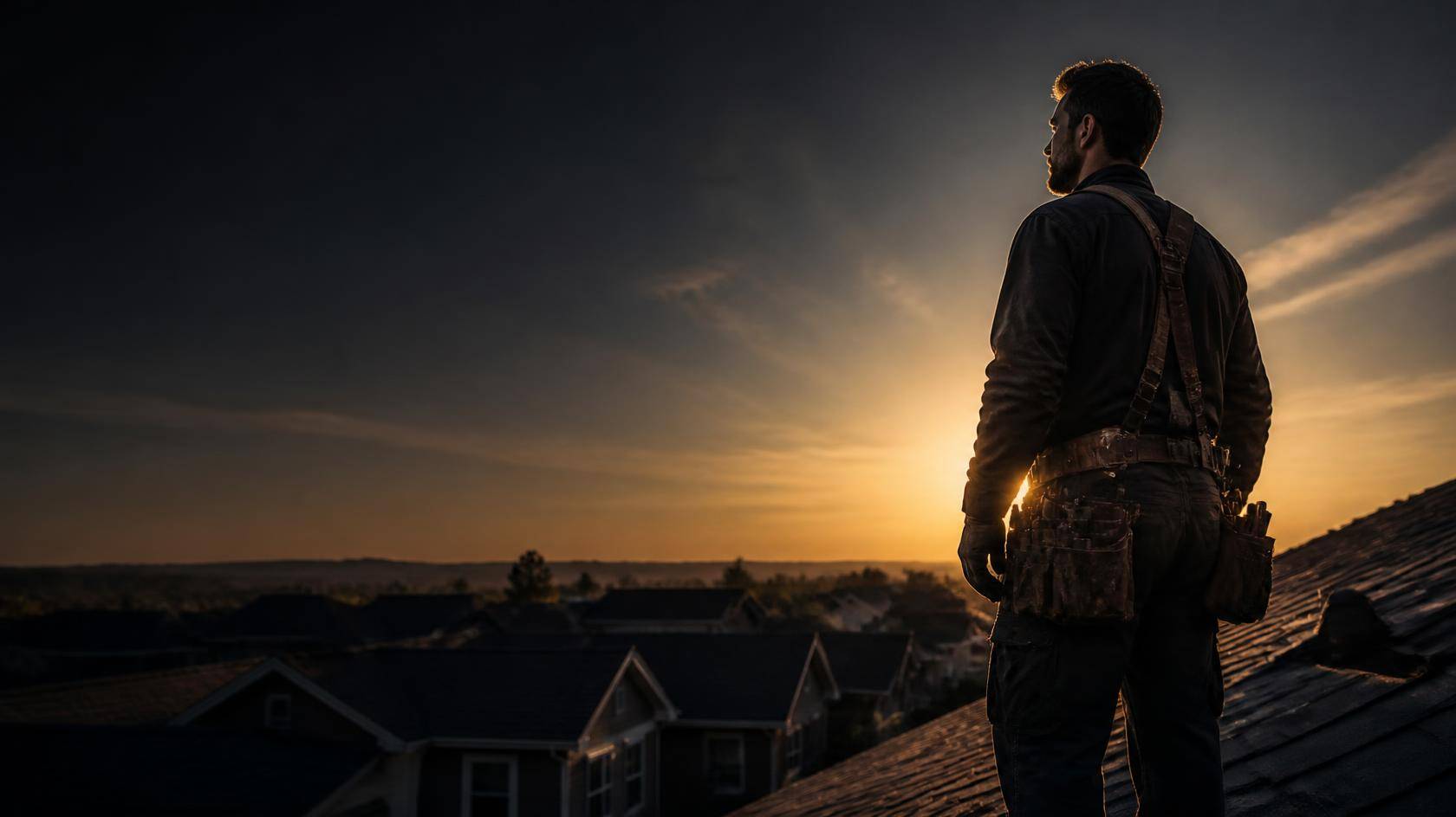 Illustration: a roofer stands on a residential roof at golden hour