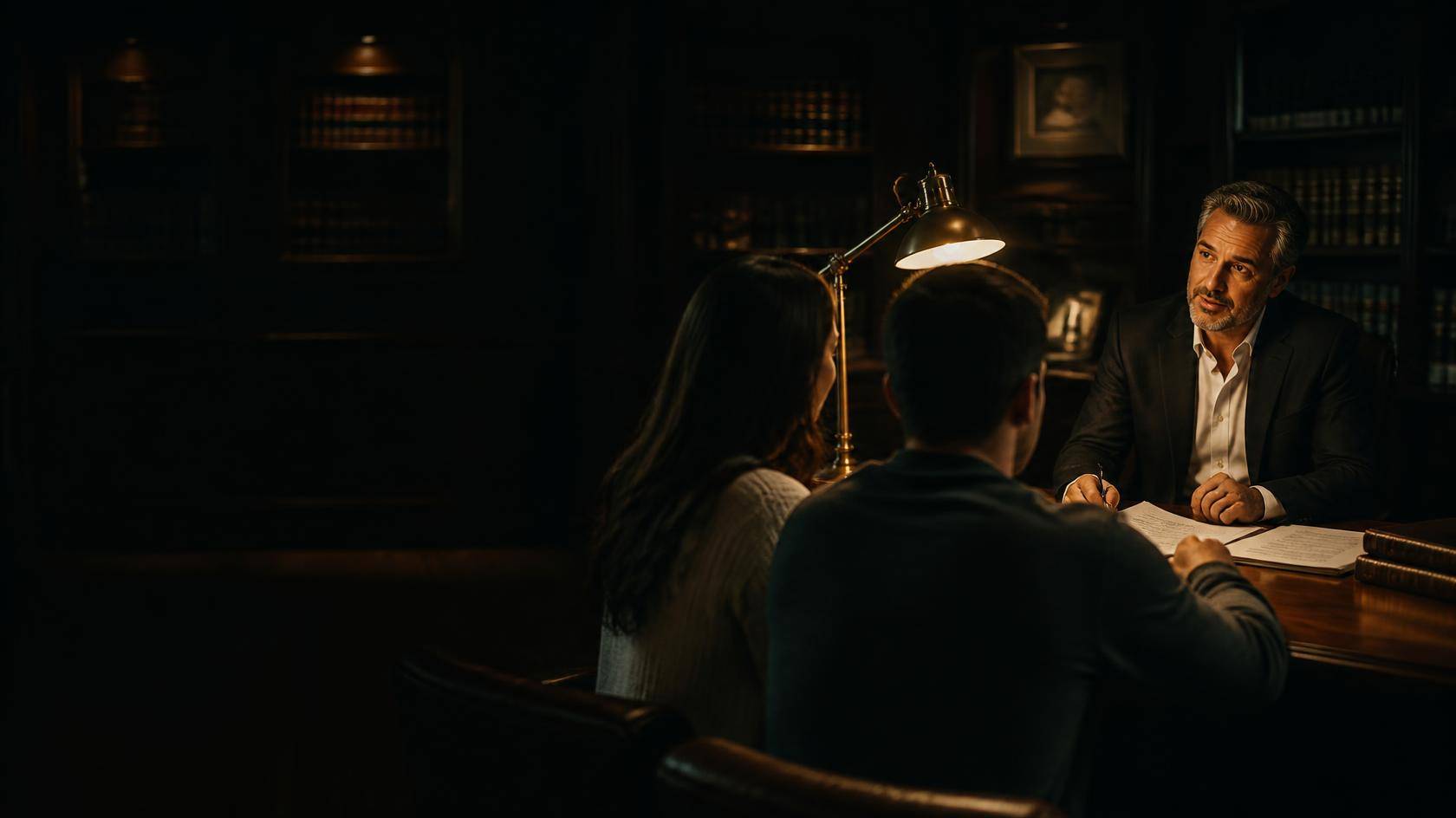 Illustration: an immigration attorney reviews documents with a young couple