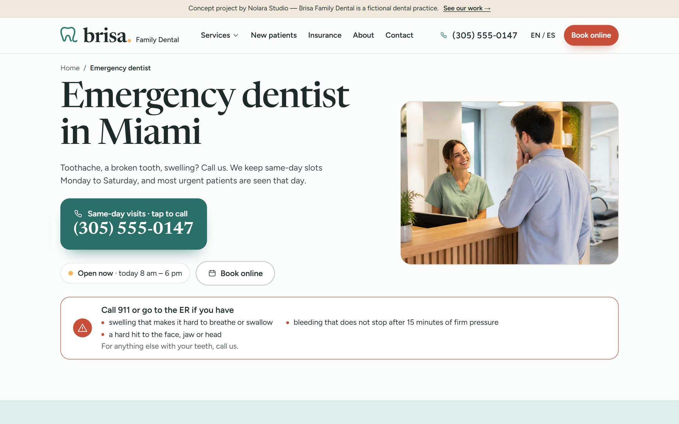 Emergency dentist page: a large tap-to-call phone card, an 'Open now' status and a red box listing when to call 911 or go to the ER