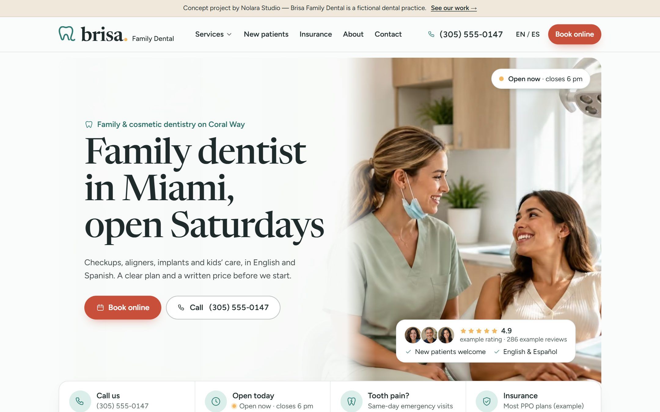 Brisa concept site: homepage hero with a dentist and a patient in the dental chair and the headline 'Family dentist in Miami, open Saturdays'