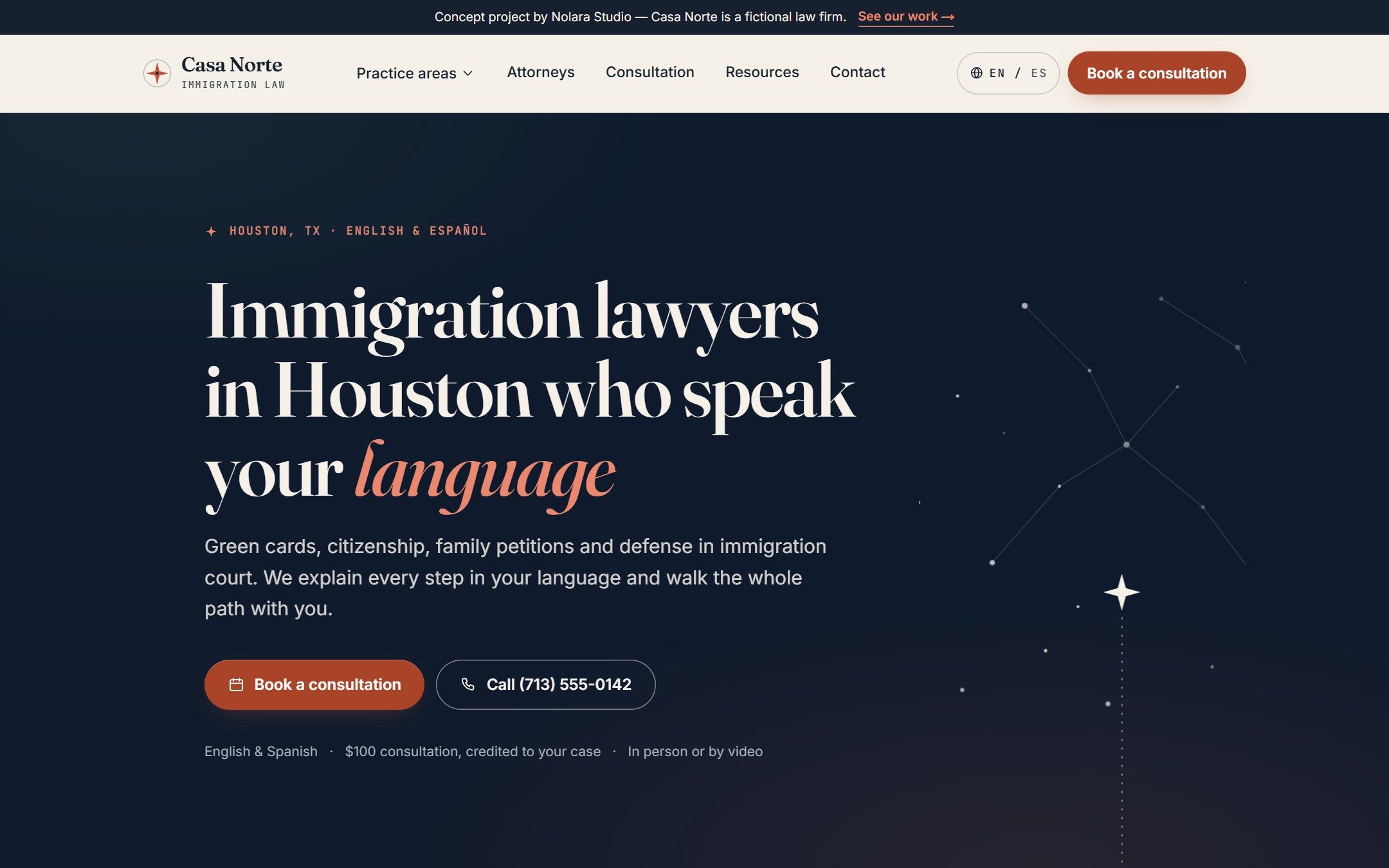 Casa Norte concept site: homepage hero with the headline 'Immigration lawyers in Houston who speak your language'