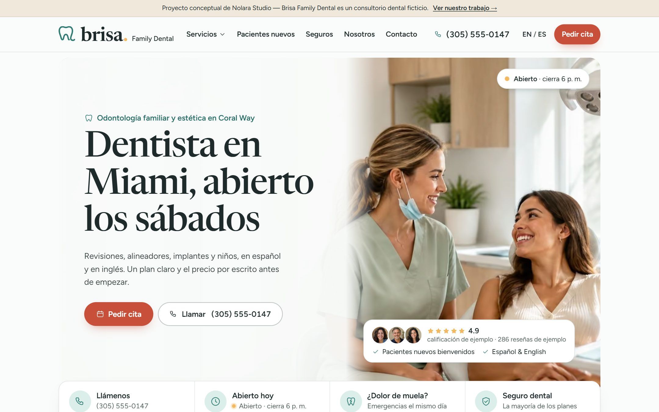 Spanish homepage hero: 'Dentista en Miami, abierto los sábados'