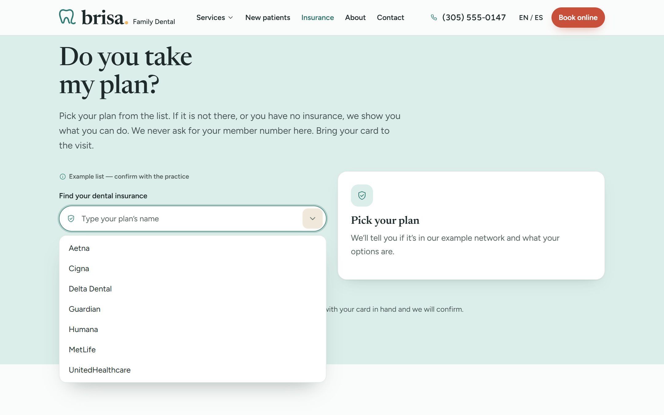 Insurance page headed 'Do you take my plan?' with the plan search open and a list of example insurers