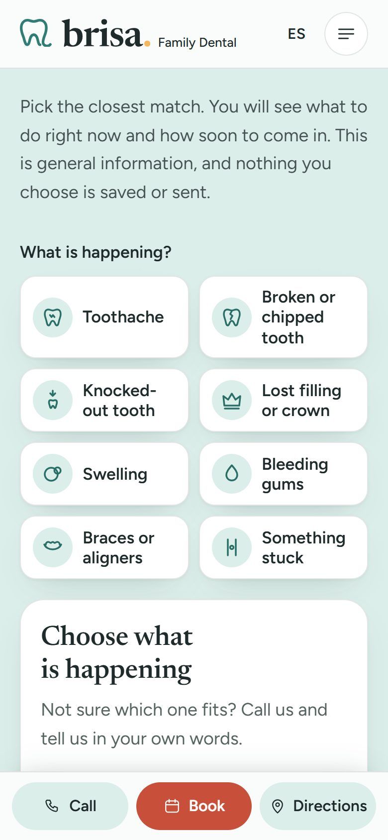 Emergency page on a phone, with the call, book and directions bar fixed at the bottom of the screen