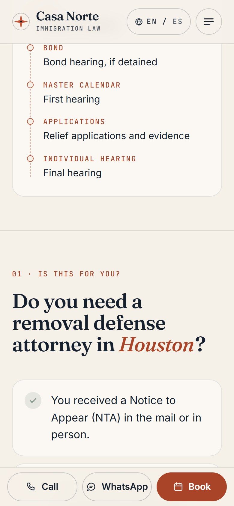 Deportation defense page on a phone, with the call, WhatsApp and book bar fixed at the bottom of the screen