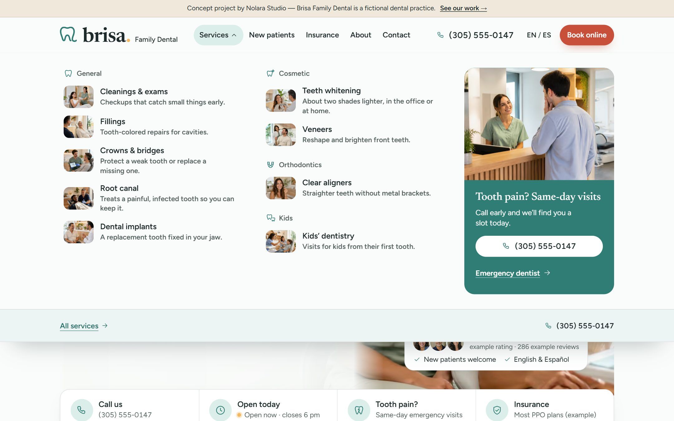 Services menu open, with treatments grouped under General, Cosmetic, Orthodontics and Kids beside a same-day visits card