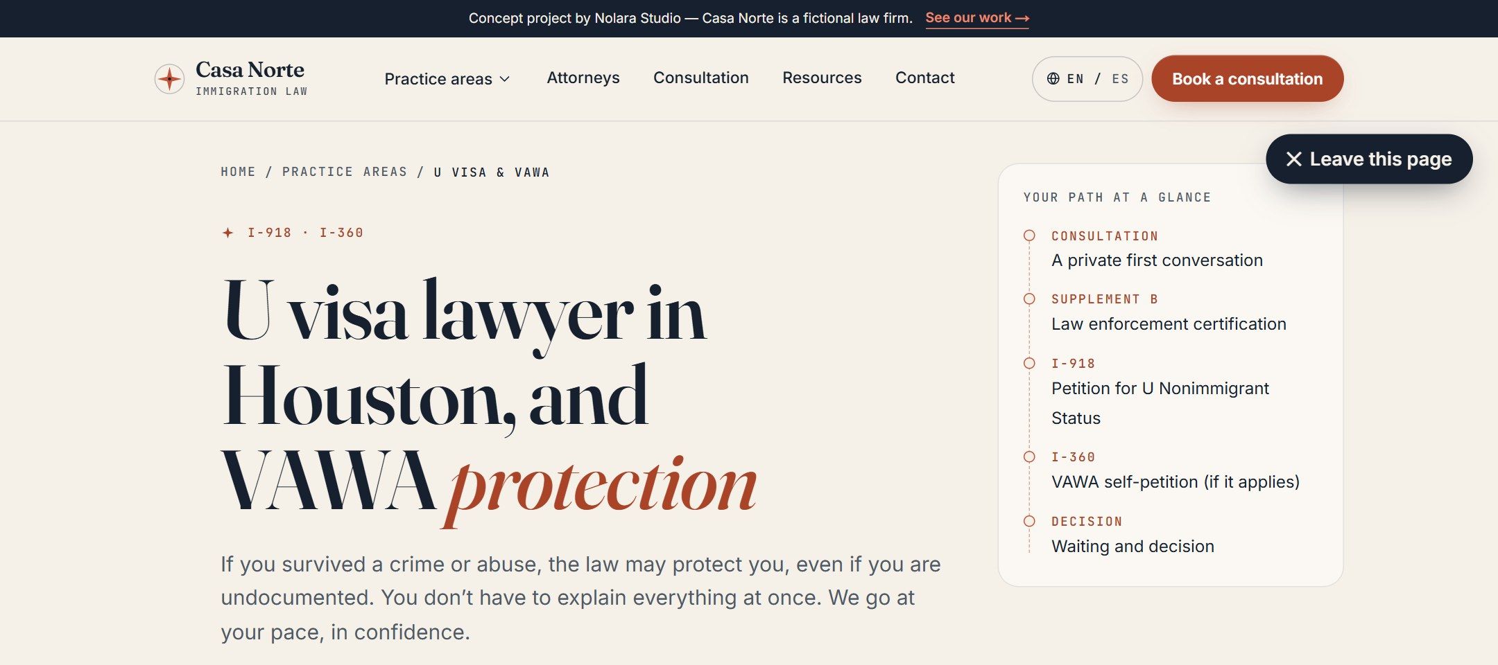 U visa and VAWA page with a 'Leave this page' quick-exit button in the top corner